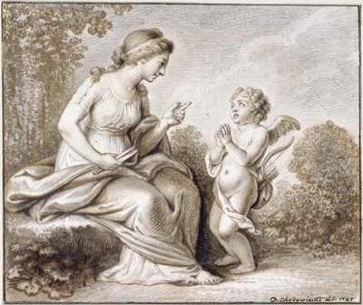 Venus droht dem rechts vor ihr stehenden Amor, die Flügel zu beschneiden von Daniel Nikolaus Chodowiecki