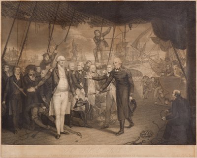 Lord Viscount Duncans Sieg und Admiral De Winters Kapitulation an Bord der Venerable, Oktober 1797 von Daniel Orme
