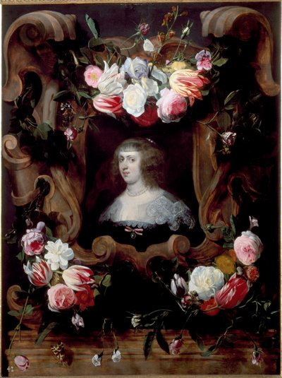 Porträt einer Dame mit einem Blumenkranz von Daniel Seghers