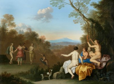 Nymphen tanzen und musizieren an einem Teich auf einem bewaldeten Hügel mit dem apulischen Hirten von Daniel Vertangen