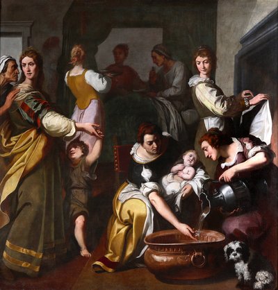 Leben der Jungfrau Maria: „Die Geburt Mariens“ Gemälde von Daniele Crespi (1598-1630) 17. Jahrhundert Museo della Basilica di Santa Maria Assunta, Gallarate, Italien von Daniele Crespi