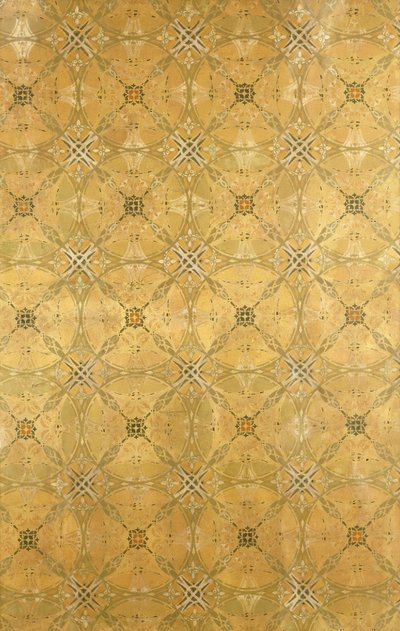 Ein Deckenpaneel mit wiederholtem abstraktem Blattmuster in Olivgrün, Ocker, Rot und Gelb, ca. 1893 von Dankmar Adler