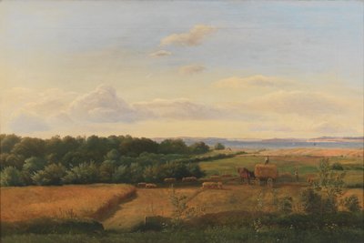 Eine Landschaft auf Fünen zur Erntezeit mit Wedellsborghoved im Hintergrund von Dankvart Dreyer