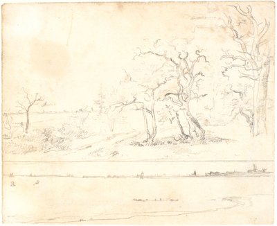 Eine Küste bewachsen mit dichtem Wald, im Hintergrund eine Stadt. Unten: Studie zum selben Bild von Dankvart Dreyer