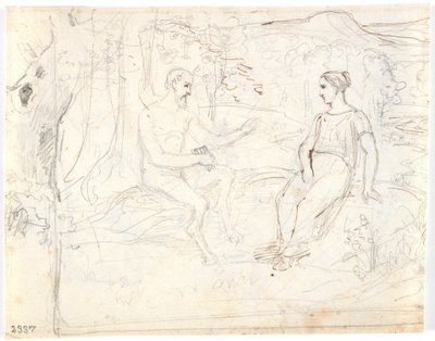 Ein Satyr mit Flöte und ein junges Mädchen, sitzend im Wald von Dankvart Dreyer