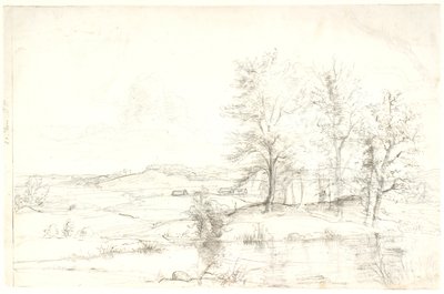 Aussicht über eine hügelige Waldlandschaft. Im Vordergrund ein See von Dankvart Dreyer