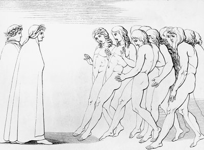 Seelen erschrecken, als sie sehen, dass Dante lebt, Illustration zum 3. Gesang des Purgatoriums, Göttliche Komödie, allegorisches Gedicht von Dante Alighieri (1265-1321) von Dante Alighieri