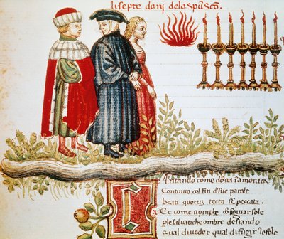 Virgil, Dante und Matelda, Fegefeuer, Canto XXIX, illuminierte Seite aus der Göttlichen Komödie, von Dante Alighieri (1265-1321) von Dante Alighieri