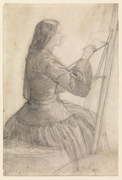 Elizabeth Siddal sitzt an einer Staffelei und malt, ca. 1854-55 von Dante Gabriel Charles Rossetti