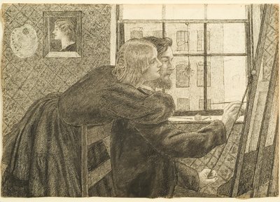 G P Boyce mit Fanny Cornforth im Rossettis Studio, Chatham Place, ca. 1858 von Dante Gabriel Charles Rossetti