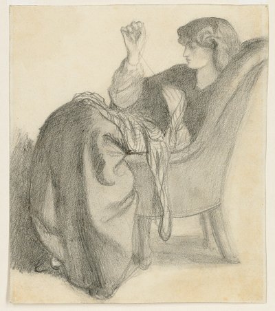 Lachesis: Studie von Jane Morris, die in einem Stuhl näht, 1860er von Dante Gabriel Charles Rossetti