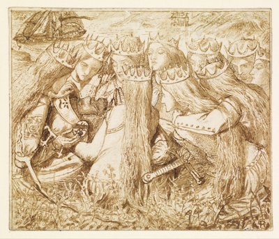 Entwurf für Moxons Tennyson - König Arthur und die weinenden Königinnen von Dante Gabriel Rossetti