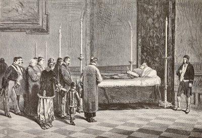 Leichnam von Kardinal Giacomo Antonelli aufgebahrt in einem der Räume im Vatikan, Gravur nach einer Zeichnung von Dante Paolocci, aus L