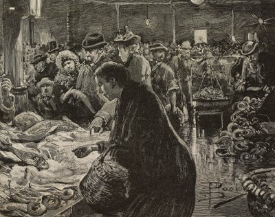 Weihnachtsmarkt in Rom, Italien, Gravur nach einer Zeichnung von Dante Paolocci, aus L