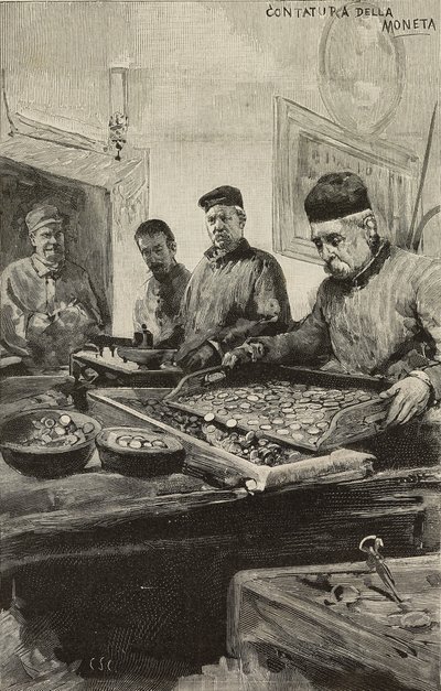 Münzzählung in der Münze von Rom, Italien, Gravur nach Zeichnung von Dante Paolocci, aus L