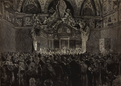 Leo XIII. empfängt französische Pilger in der Herzogshalle, Päpstliches Jubiläum, Vatikan, Gravur nach Zeichnung von Dante Paolocci, aus L