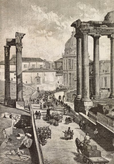 Durchgang durch das Forum, Rom, Italien, Gravur nach einer Zeichnung von Dante Paolocci, aus L