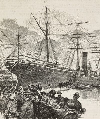 Menschen bei der Einschiffung der Bersaglieri, Korps der italienischen Armee, auf dem Schiff Gottardo, italienische Expedition im Roten Meer, Gravur nach einer Zeichnung von Dante Paolocci, aus L