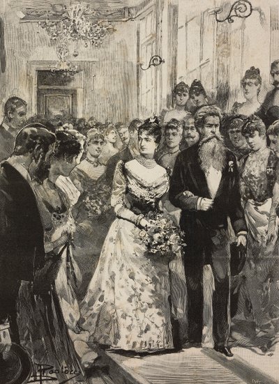 Königin Margherita von Savoyen bei einer Feier des Künstlerclubs (Circolo Artistico) von Rom, begleitet vom Bildhauer Giulio Monteverde, Italien (Stich nach einer Zeichnung von Dante Paolocci) von Dante Paolocci
