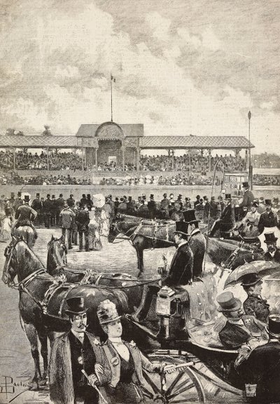 Die Tribüne, Pferderennen in Turin, Italien, Gravur nach einer Zeichnung von Dante Paolocci, aus L