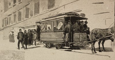Straßenbahn nach St. Peter anlässlich des bischöflichen Jubiläums von Leo XIII., Rom, Italien (Stich nach einer Zeichnung von Dante Paolocci) von Dante Paolocci