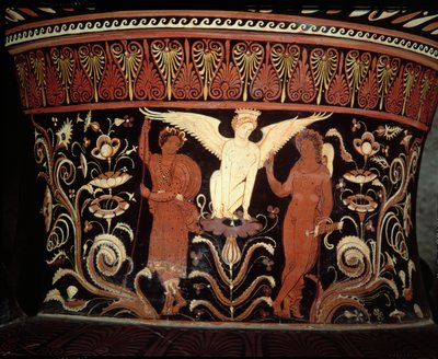 Apulischer rotfiguriger Volutenkrater, Detail des Halses, der Ödipus und die Sphinx darstellt von Darius Painter