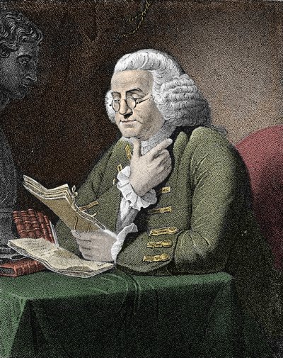Porträt von Benjamin Franklin (1706-1790), amerikanischer Philosoph, Physiker und Botschafter. Gravur nach einem Gemälde von David Martin. von David (after) Martin