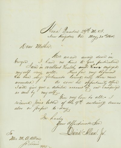 Brief unterzeichnet David Allan, Jr., Hauptquartier 29. M.V.I., in der Nähe von Kingston, Ga., an seine Mutter Frau M.A. Allan, St. Louis, Mo., 20. Mai 1864 von David Allan
