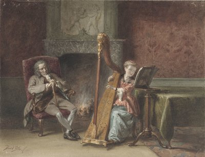 Interieur mit Mädchen, das Harfe spielt, und einem Herrn, der zuschaut von David Bles