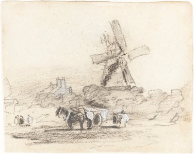 Ein Wagen mit zwei Pferden in der Nähe einer Windmühle von David Cox