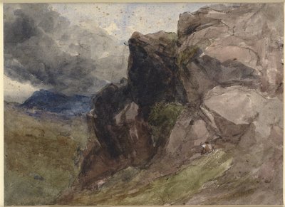 Felsige Landschaft in Wales mit einer Figur, die im Vordergrund rechts zeichnet von David Cox d.Æ.