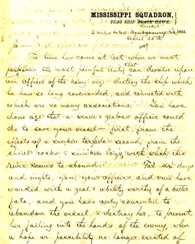 Brief von David D. Porter, U. S. S. Cricket, 2 Meilen unterhalb Montgomery, Louisiana, an [Seth Ledyard] Phelps, Kommandant der U. S. S. Eastport, 2 Meilen unterhalb Montgomery, Louisiana, 25. April 1864 von David D. Porter