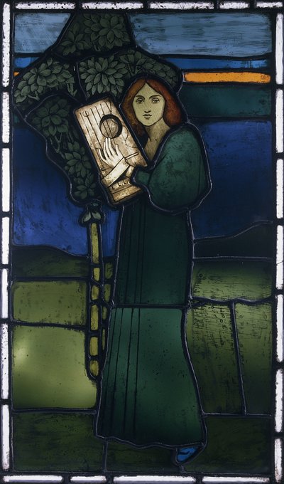 Bleiglasfenster, eine ganzfigurige weibliche Figur, die ein Saiteninstrument spielt, darstellend von David Gauld