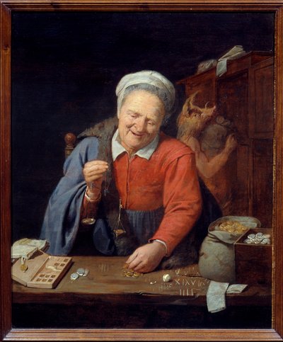 Der Goldwäger. Eine alte Frau wiegt Goldstücke auf einer kleinen Waage, während im Hintergrund ein Mann mit einem Eberkopf Säcke im Schrank verstaut. Gemälde von David III Ryckaert (1612-1661) von David III Ryckaert