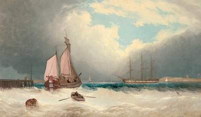 Eine Barke läuft aus dem Hafen aus, eine Fregatte liegt vor Anker dahinter von David James