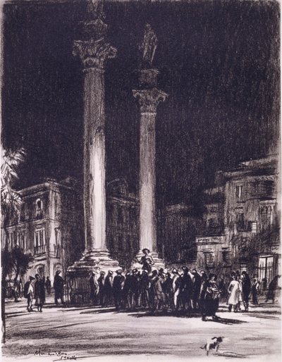 Ein Hausierer zwischen den römischen Säulen der Almeda de Hercules, Sevilla von David Muirhead Bone