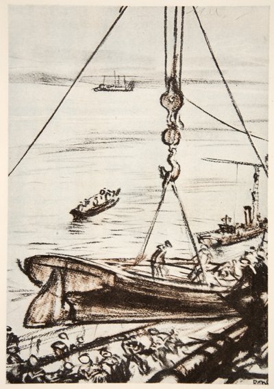 Auf einem Kriegsschiff: Ein Boot vom Hauptkran ablassen, Illustration aus 