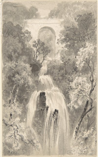 Ansicht eines Wasserfalls (Vorderseite); Landschaftsstudie (Rückseite) von David Octavius Hill