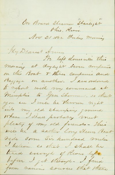 Brief von D. P. Grier, an Bord des Dampfers Starlight, Ohio River, an Anna McKinney, 21. November 1862 von David Perkins Grier