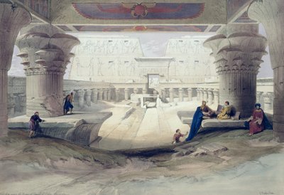 Blick unter dem Portikus des Tempels von Edfu, Oberägypten, Tafel 32 aus Band I von Ägypten und Nubien, gestochen von Louis Haghe, veröffentlicht 1846 von David Roberts