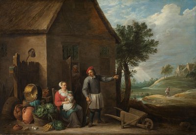 Bauer an einer Hüttentür mit einer sitzenden Frau und Kind von David Teniers (II)