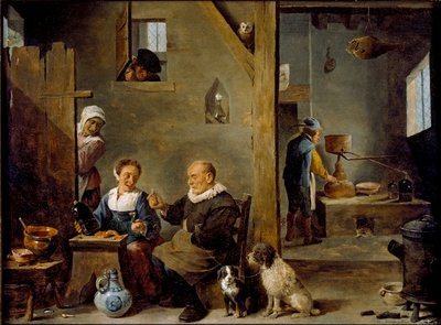 Eine Brennerei mit einem älteren Mann, der Gin von einer Frau kauft, ca. 1640-1649 von David Teniers II