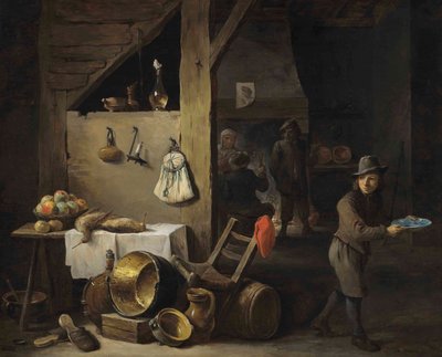 Eine Kücheninterieur mit einem Jungen und drei Personen, die trinken und rauchen von David Teniers the Younger