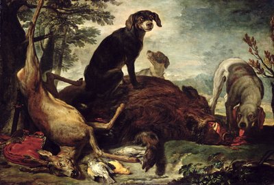 Hunde mit erlegtem Wildschwein und Hirsch von David de Coninck