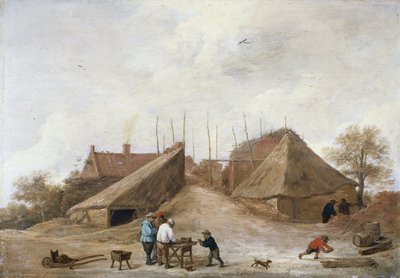 Ein Bauernhof mit Figuren um einen Tisch von David Teniers the Younger