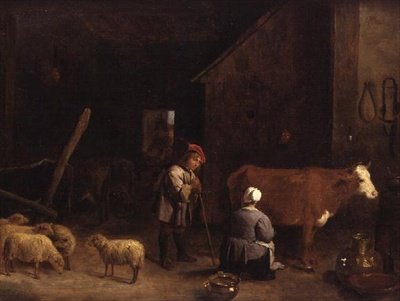 Ein Hirtenjunge spricht mit einer Melkerin in einem Kuhstall von David Teniers the Younger
