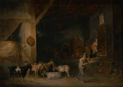 Scheune mit Ziegen und einem Jungen, der die Flöte spielt, um 1640-45 von David Teniers the Younger