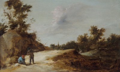Bauern ruhen sich auf einem Pfad in einer felsigen, bewaldeten Landschaft aus von David Teniers the Younger