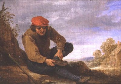 Sitzender Mann, der seinen Schuh auszieht von David Teniers the Younger