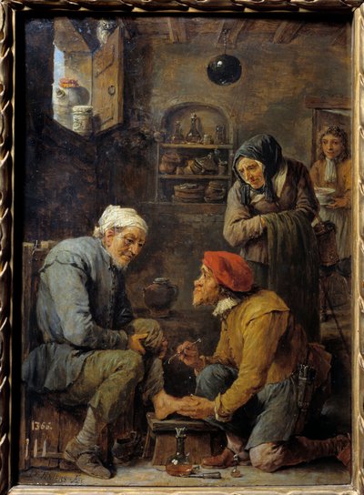 Chirurgie: Ein Mann bereitet sich darauf vor, den Fuß des Patienten zu öffnen von David Teniers the Younger